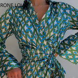 Women Elegant Geo Print Long Flared Sleeves Turn Down Sleeves Sashes Mini Bodycon Dress Working