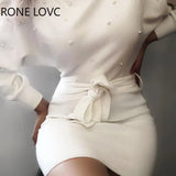 Women Long Sleeve Solid Beaded Batwing Sleeve Knit Dress Elegant Fashion Party
