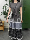 Patchwork Lace Plaid Maxi Skirt- Outfit