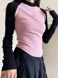 Slim Chic Bottoming Tshirts Contrast Color Patchwork Letter Print Tee Shirts Y2k Aesthetic Sexy Outer Wear Women