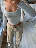 Solid Color Long Sleeve Knit Crop Top- Outfit