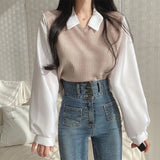 Polo Collar Patchwork Long Sleeve BlouseOutfit
