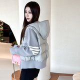 Autumn And Winter New Small Hooded Four Bars Down Jacket Female 2024 Korean Version Of Knit Sleeve Splicing Yoga Clothing Tide-Outfit
