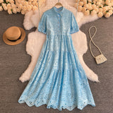 Zingj Version Dress Summer Lapel Hollowed-Out Embroidery Aging Bubble Sleeve Loose Medium And Long Bohemian Holiday
