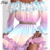 Cold Shoulder Ruffles Frill Hem Graphic Print Long Sleeve Fairy Flower Sundress Summer Women's Dress Femme Robe