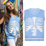 Skull Print V Neck Oversized Sweater Harajuku Casual Loose Knitted Top Pullovers Korean Punk Ladies Jumper