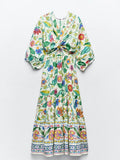 Flower Print Summer Women Long Dress Fashion Long Sleeves V-neck Cut Out A-line Dresses 2024 Female Summer Vacation