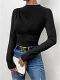Summer Solid Color Round Collar Repair Shirt Bran Folding Design Women's Long-Sleeved