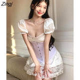 Summer Sexy Party Dress Women French Vintage A-line Puff Sleeve Casual Dresses Female Elegant Design Chic Lace Mini