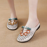 Zingj Summer New Flat-Soled Low-Heeled Women's Shoes National Style Leather Flower Slippers Hollowed-Out Breathable Comfortable Hole