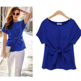 Summer Women Batwings Bowknot Blouses O-Neck Short Sleeve Shirts Casual Chiffon Slim Tops Plus Size Oversize
