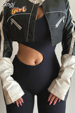 Streetwear Punk Style Patchwork Cropped PU Leather Jacket Women Zipper Autumn Winter Jacket Contrast Color Basic