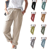 Linen Trousers Solid Color Elastic High Waist
