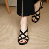 Zingj New Cross Hollowed Out Square Toe Sandals With Summer Black Heels Women's