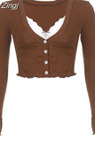 V Neck Brown Y2K Vintage Long Sleeve T-shirts Women Lace Patched Slim Basic Crop Tops Cute Buttons Up Autumn Tees