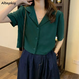 Women Cropped Short Sleeve Blouses Single Breasted Retro Notched Hong Kong Style Design Leisure Tops Female Daily