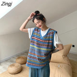 Knitted Sweater Vest Women Vintage V-neck Loose Korean Simple All-match Fashion Female Harajuku Leisure Street-wear