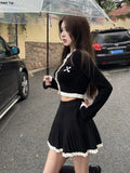 New Hight Waist Skirt 2 Piece Suit Korean Chic Patchwork Knitted Outfits Y2k Short Jumper Pleats Mini Skirt Set