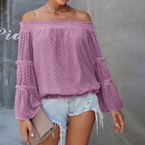 Off Shoulder Blouse Women Fashion Solid Color Long Sleeve Plus Size Casual Sexy Shirts Female Chiffon Tops And