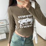 Shoulder Round Collar Long-Sleeved T-Shirt Women's Early Autumn New High-Waisted Spicy Girls Short Style