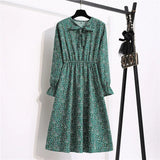 Summer Dress Women Lady Korean Style Vintage Floral Printed Cotton-Chiffon Shirt Dress Long Sleeve Bow Midi Dress