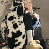 Women Thicker Furry Cow-pattern College Ins Prevalent Designer Hooded Younger Korean Style Outwears Loose All-match