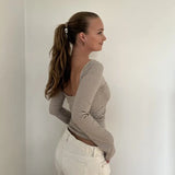 Zingj Low Round Collar Sexy Back Striped T Shirt Women's Slim Knit Long Sleeve Bottom