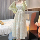 Zingj / Large Size Female Autumn Fat Mm Gentle Wind Embroidery Floral Strap Closed Waist Sling Dress Two Suits 200 Jin-Outfit