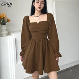 Autumn Dress Women Square Collar Chic Basic Mini Vestido Long Sleeve Slim Stylish Ladies Clothing Pure OL Minimalist