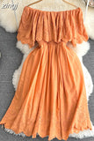 Women Sexy Slash Neck Off Shoulder Vacation Beach Dress Female Elegant Hollow Out Short Sleeve A-Line Mini Robe 2023