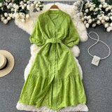 Zingj Hollowed-Out Dress Women's Bubble Sleeves New Loose Embroidery Light Ripe Wind Waist Showing A Long Skirt With Thin Lotus