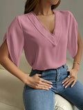 Hollow Summer Shirts V-neck Lace Chiffon Blouses Woman Petal Short Sleeve Tops 2023 Office Lady Para Mujer Elegant