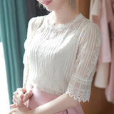 Summer Elegant Temperament Shirt Women's O-neck Half Sleeve Lace Blouses Female Hollow Out Solid Color Tops Plus