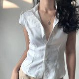 Zingj Style Simple Solid Color Pocket Short-Sleeved Shirt Female Polo Collar Single Breasted Waist Show Thin