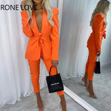 Women Solid Casual Elegant Puff Sleeves Sashes Spring/Autumn Calf-length Pants Blazer