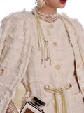 Designer Women's Short Tweed Coat 2023 New Autumn Fashion Beading Chain V-Neck Long Sleeve Jacket Femme