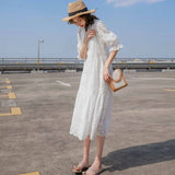French Romantic White Dress Lace Hollow Gentle Loose Mid-Length Korean Dress All-match Women's cool