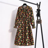 Summer Dress Women Lady Korean Style Vintage Floral Printed Cotton-Chiffon Shirt Dress Long Sleeve Bow Midi Dress