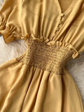 Vintage Green/Yellow/Blue/Beige Short Sleeve Long Dress Women Elegant V-Neck High Waist A-Line Maxi Vestidos New