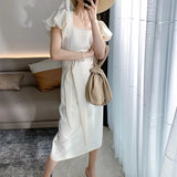 Elegant Midi Short Puff Dress For Women Bodycon Casual Femme Fashion Clothing