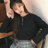 Sleeve T-shirts Women Solid Single-breasted Loose Preppy-style Tees Students All-match Leisure Trendy Korean V-neck
