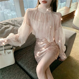 Pieces Set Shirt +Tank Spring Women Lace Bottoming Blouse Beading Mesh Shirt Female Lantern Sleeve Blouses Short Tops