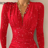 Women Deep V Neck Splited Starry Sky Pattern Long Sleeves Wrap Folds Asymmetrical Working Red