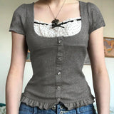 Zingj Two Vintage Wool Square Collar Short-Sleeved T-Shirt Top Women's 2024 Summer INS New Women's