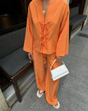 V Neck Hollow Out Lace Up Long Sleeved Shirt Set Women Causal Loose Solid Wide Leg Pants Suit New Ladies Street