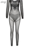 Sexy See Through Hollow Jumpsuits Women Long Sleeve Low Neck Skinny Stretch Cleavage Playsuit Lady Midnight