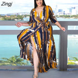 Women's Dress Sexy V-Neck Seven-Sleeve Polyester+ spandex Casual Long Split Dress Printed Party Elegant