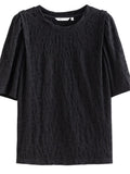 O-Neck Short Slevee Women T-Shirts Solid 2022 Summer New Art Women Tops Texture Sense French Bubble Half Sleeve