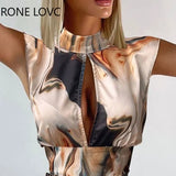 Women Chic Tank Turtleneck Hollow Out All Over Print Abstract Pattern Mini Bodycon Print