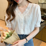 Sleeve White Shirt Women Summer Tops Office Chiffon Blouse Women with Lace Ctochet Button Up V Neck Clothing Blusas